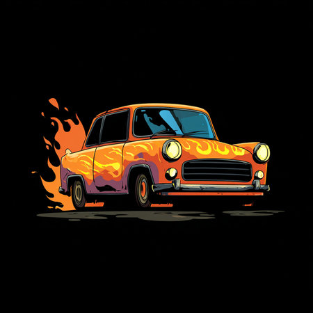 Vintage car with flames on the black background. Vector illustration.の素材