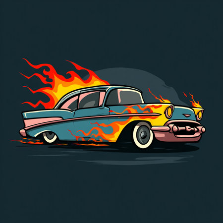 Vector illustration of a cartoon car in flames on the dark background.の素材