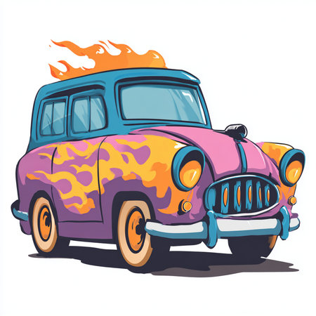 Vintage car on fire. Cartoon vector illustration isolated on white background.の素材