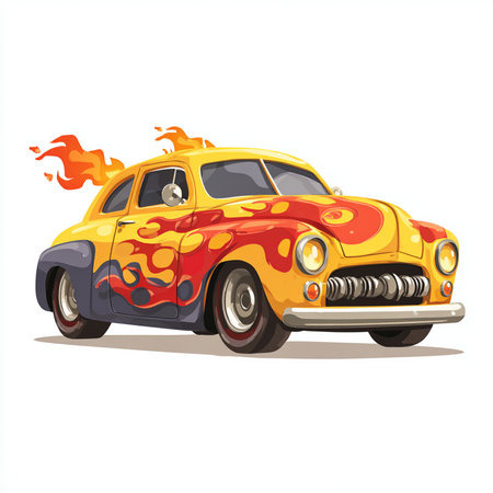 Old car with flames isolated on white background. Vector cartoon illustration.の素材