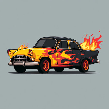 Vector illustration of a retro car in flames. Isolated on gray background.の素材