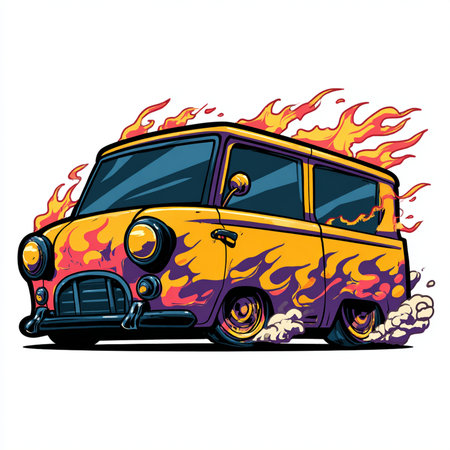 Illustration of an old car with flames on a white background.の素材