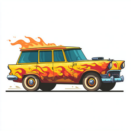 Retro car with flames isolated on white background. Vector illustration.の素材