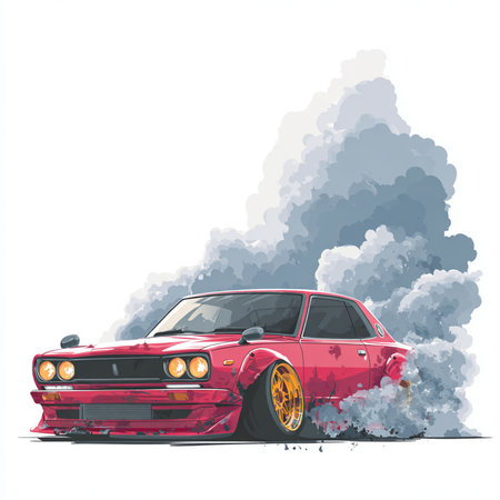 Retro car with smoke on the background. Side view. Vector illustration.の素材