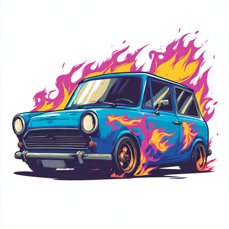 Vintage car on fire. Hand drawn vector illustration isolated on white backgroundの素材