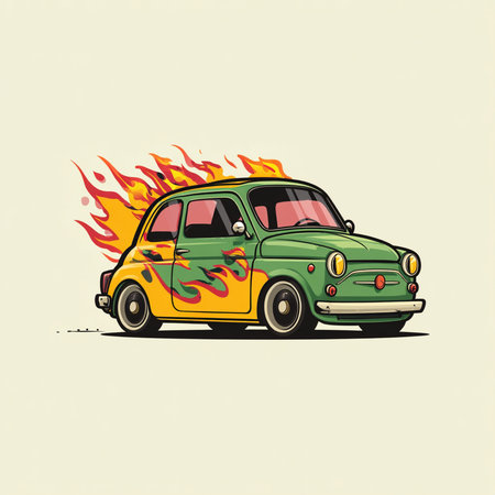 Retro car on fire. Vector illustration in retro style. Hand drawn.の素材