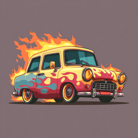 Vintage car on fire. Cartoon vector illustration. Retro car.の素材