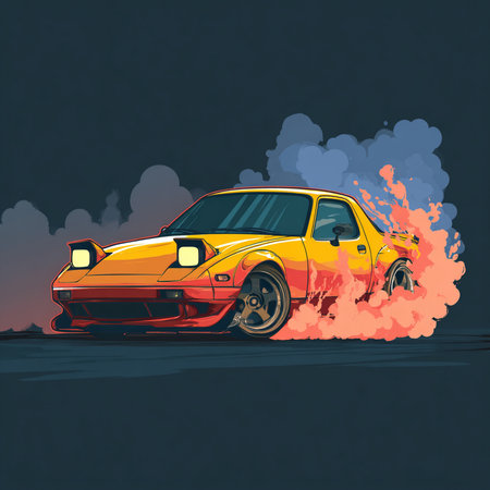 Retro car with fire and smoke on the background. Vector illustrationの素材