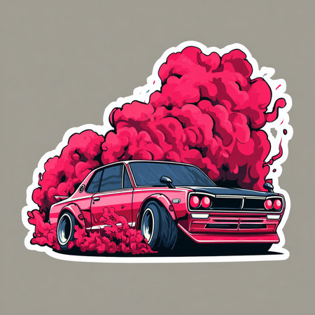 Vector illustration of a retro car on a background of red smoke.の素材