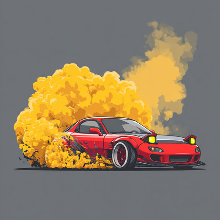 sport car with fire and smoke on gray background, vector illustrationの素材