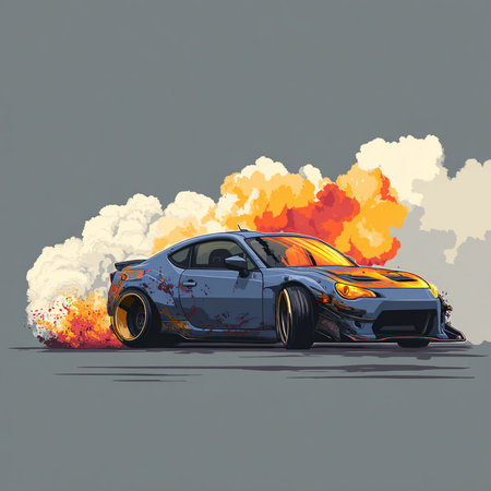 Sketch of a burning car on a gray background. Vector illustrationの素材