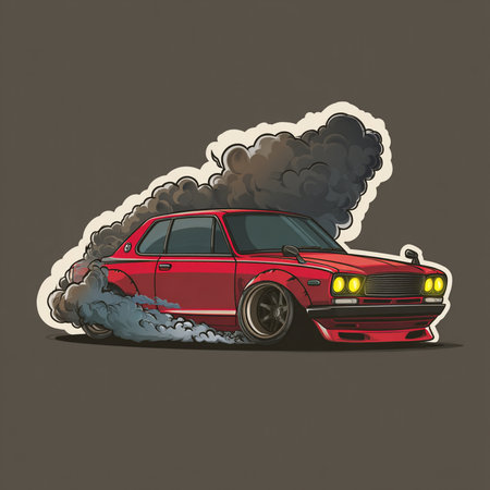 Vector illustration of a red car with smoke coming out of it.の素材