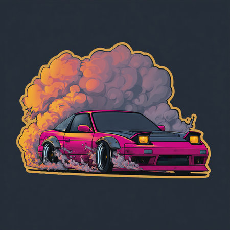 Vector illustration of a car with fire and smoke on a dark backgroundの素材