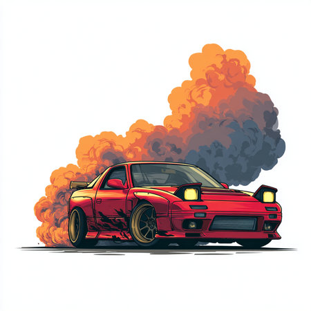illustration of a sport car with fire and smoke on a white backgroundの素材