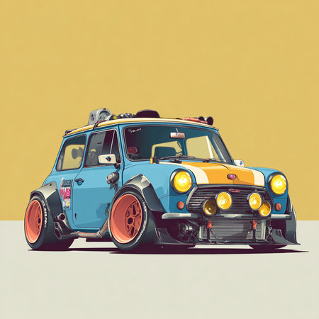 Retro car on the road. Vector illustration in retro style.の素材