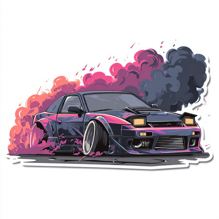 Vector illustration of a racing car with flames and smoke on a white backgroundの素材