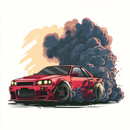 illustration of a red sport car with flames and smoke on a white backgroundの素材