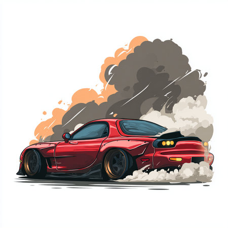 Vector illustration of a red sports car with smoke in the background.の素材