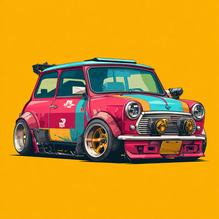 Retro car on a yellow background. Vector illustration in cartoon styleの素材