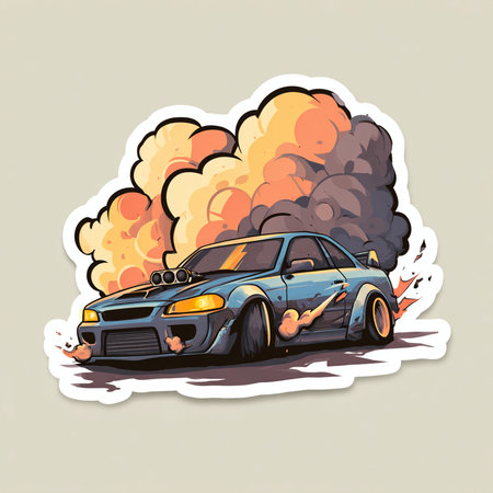 Vector illustration of an old car with flames and smoke on a gray background.の素材