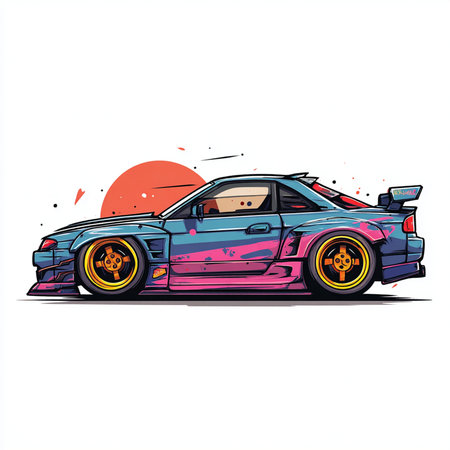 Retro sports car. Hand drawn vector illustration on white background.の素材
