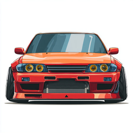 Red sports car, front view. Vector illustration isolated on white background.の素材