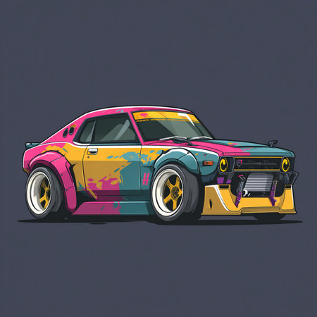 Racing car vector illustration isolated on dark background. Cartoon style.の素材
