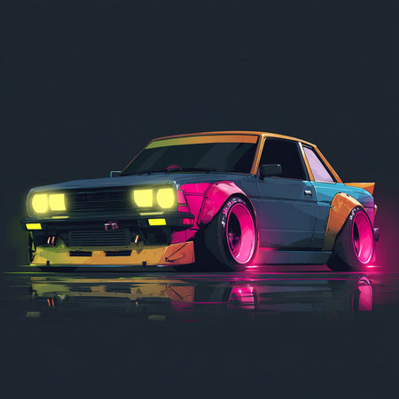 Retro car in neon light on dark background. 3d renderingの素材