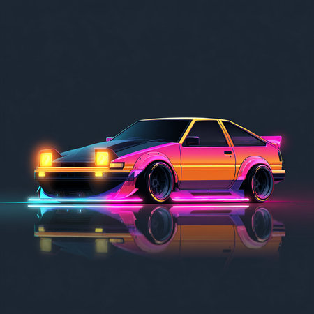 retro car on a dark background, neon light, vector illustrationの素材
