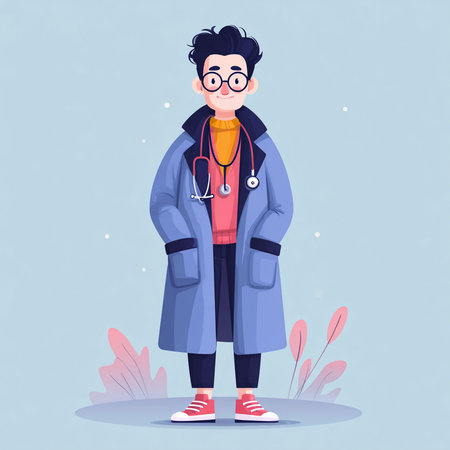 Vector illustration of a boy in a coat with a stethoscope.の素材
