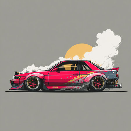 Racing car with smoke and sun. Vector illustration. Eps 10の素材
