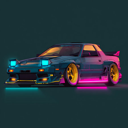 Retro car with neon lights on a dark background. 3d renderingの素材