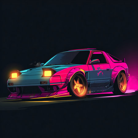 sport car on dark background, neon style, vector illustration.の素材