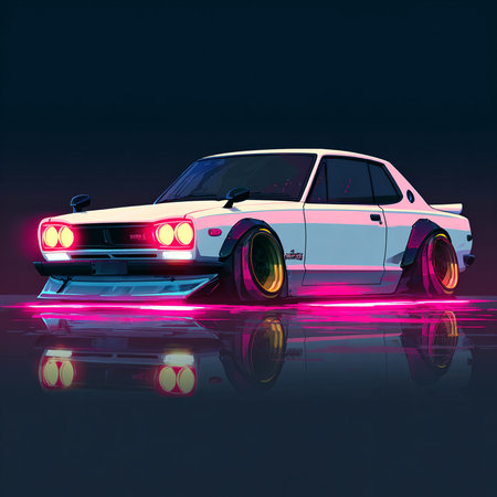 Retro car with neon lights on a dark background. Vector illustration.の素材