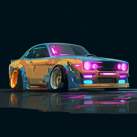 Retro car with neon lights on a dark background. 3d renderingの素材