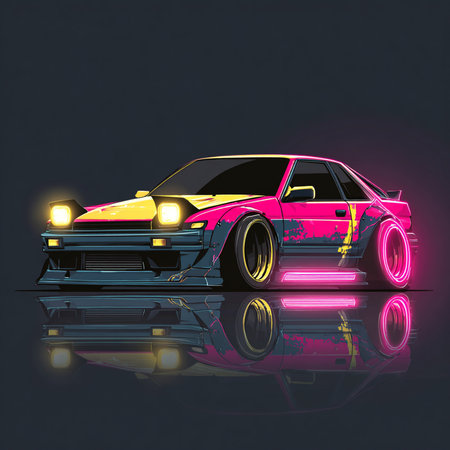 illustration of a retro car on a dark background with a reflectionの素材