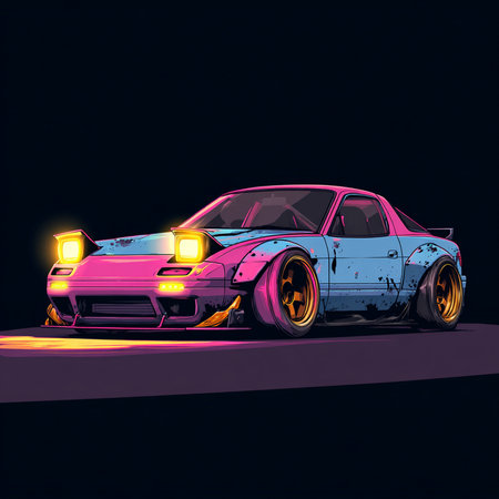 Retro car on the road at night. Side view. Vector illustration.の素材