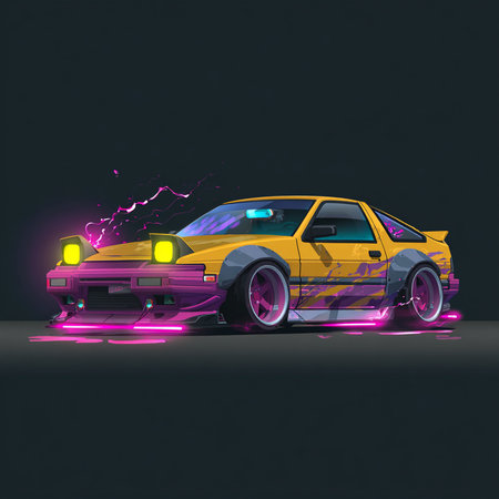 Retro car with neon lights on dark background. 3d renderingの素材