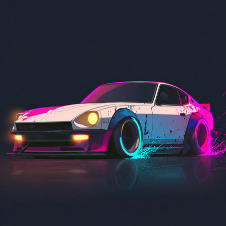 sport car with neon lights on a dark background, vector illustrationの素材
