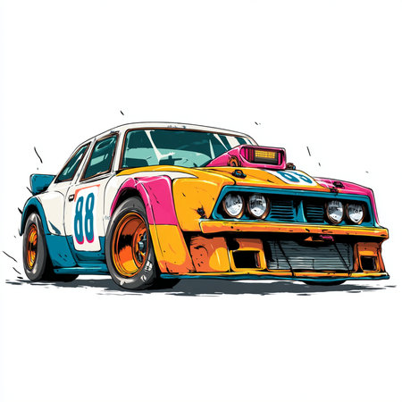 Colorful vintage american race car. Hand drawn vector illustration.の素材