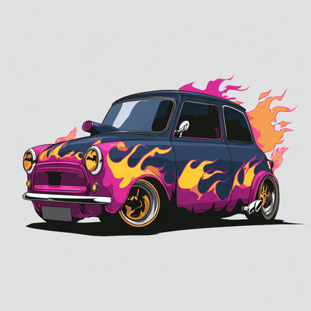 Retro car with flames on a gray background. Vector illustration.の素材