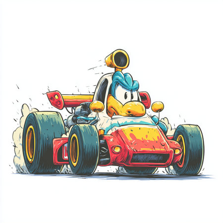 illustration of a funny cartoon robot driving a race car on a white backgroundの素材