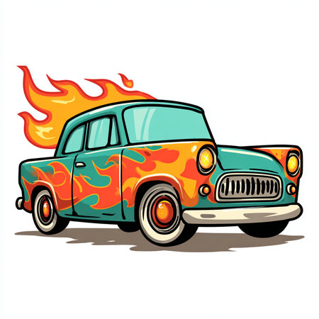 Illustration of an old retro car with flames on a white backgroundの素材