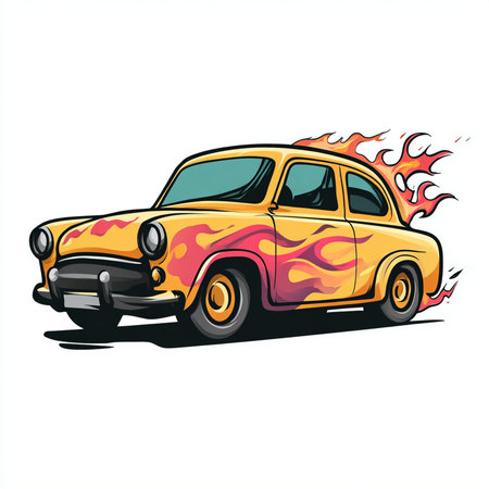 Retro car on fire isolated on white background. Vector illustration.の素材