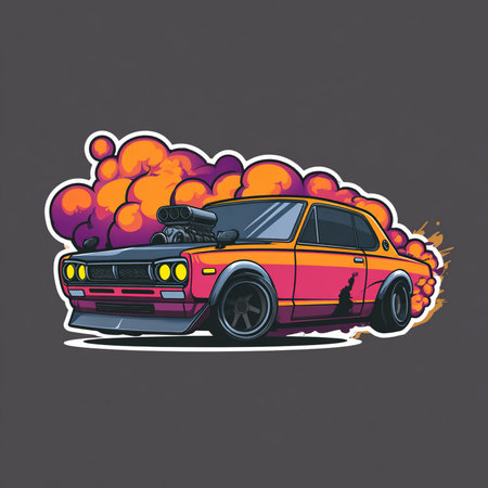 Retro car with fire flames. Vector illustration for your design.の素材