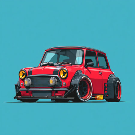 Red retro car on a blue background. Retro car. Vector illustrationの素材