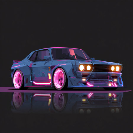Retro car on a black background with a reflection. 3d renderingの素材