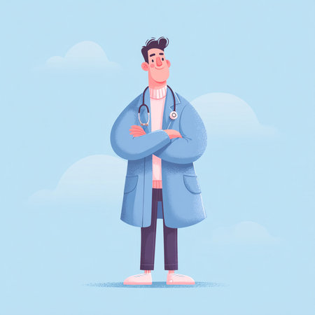 Vector illustration of a doctor in a coat with a stethoscope.の素材