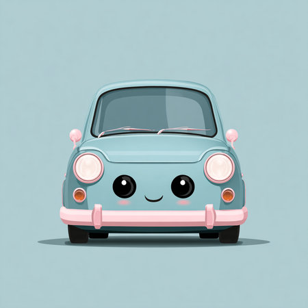 Cute cartoon car with smiley face. Vector Illustration.の素材