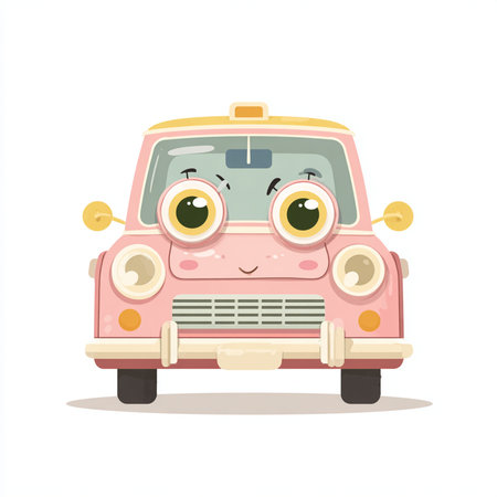Cute pink car with eyes and smile. Cartoon vector illustration.の素材
